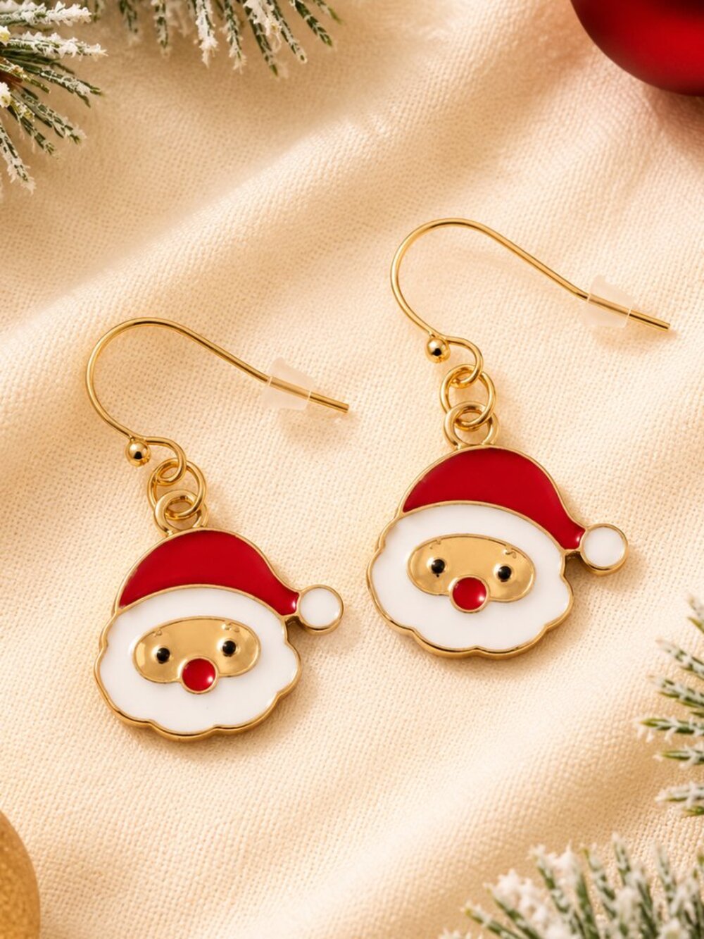 Santa Claus Face Dangle Earrings Red White Enamel Gold Christmas Holiday